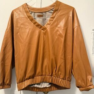 Tan Faux Leather V-Neck Top